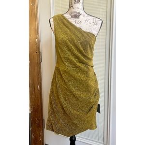 Gold Shimmer Sparkly Knit Ruched One-Shoulder Mini Dress
